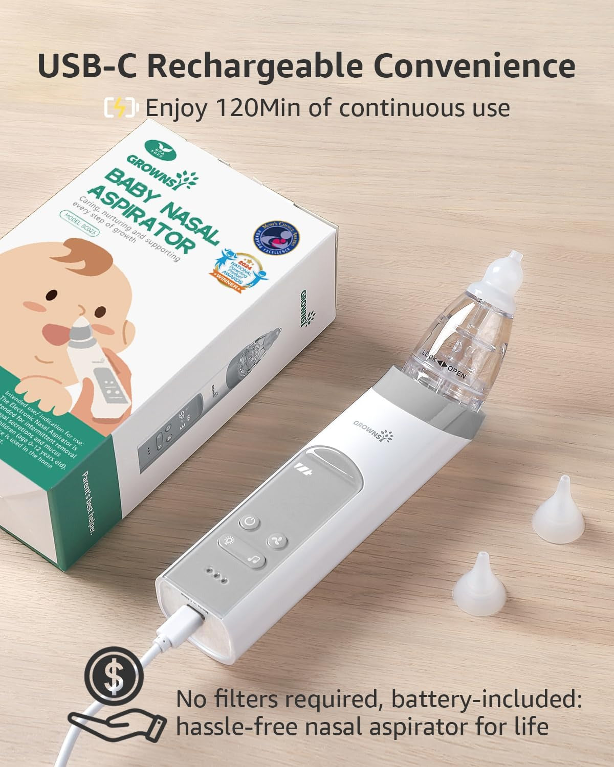 Grownsy Electric Nasal Aspirator with 3 Soft Tips Grey — BambiniJO Jordan