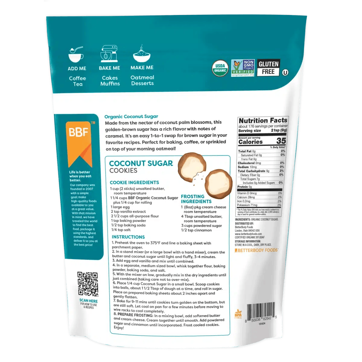 Better Body Foods Organic Coconut Sugar pouch back with nutrition information