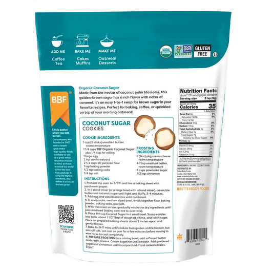 Better Body Foods Organic Coconut Sugar pouch back with nutrition information