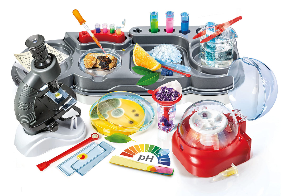 Clementoni Science in the Laboratory worktop in use with microscope, petri dishes and centrifuge