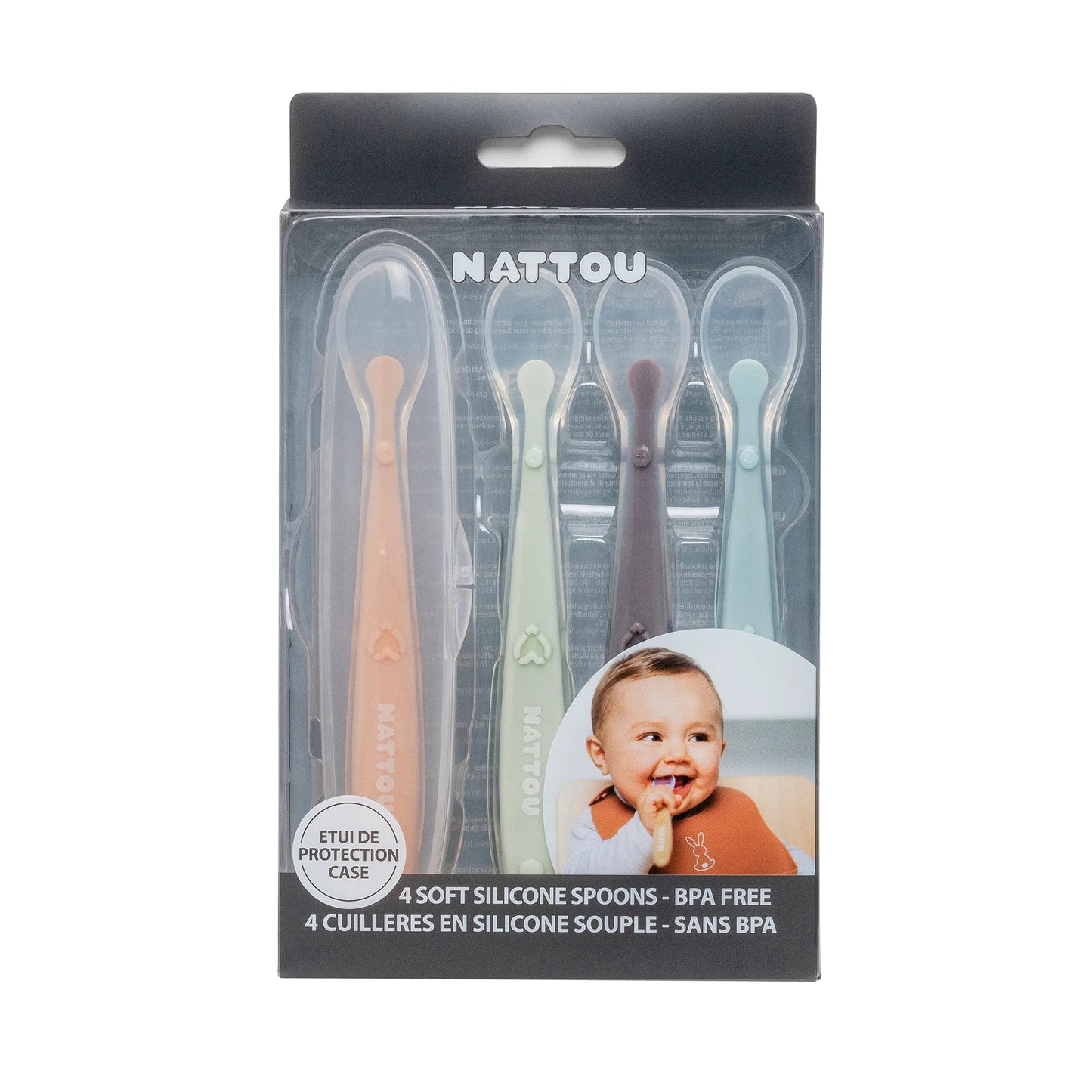 Nattou - Silicone Children 4 Spoons Set with Case