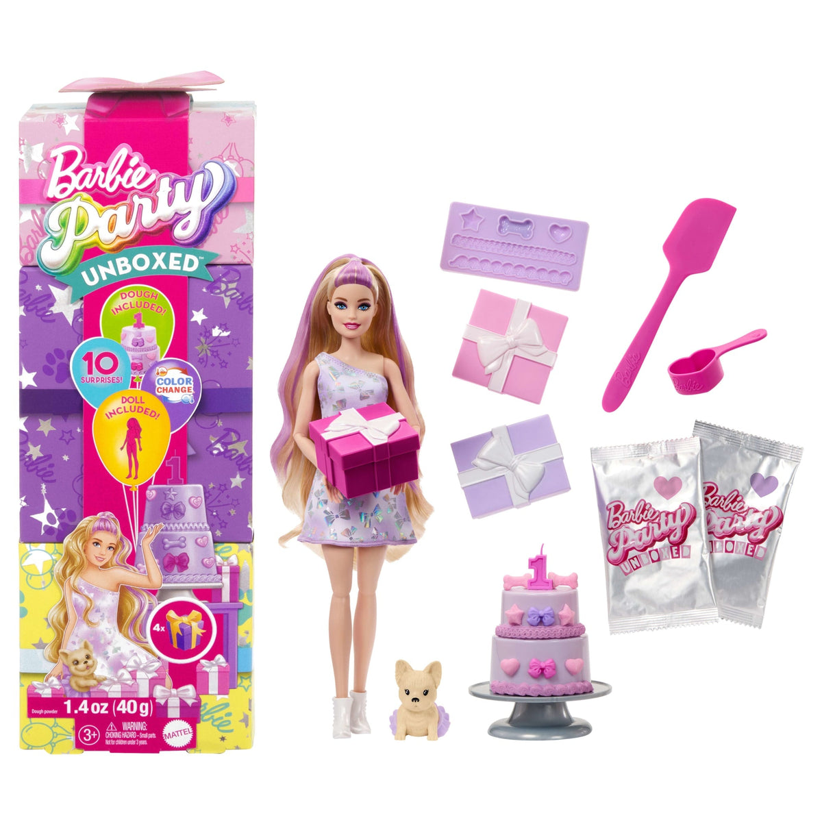 Barbie Party Unboxed Birthday Bows doll with pet, cake and party accessories