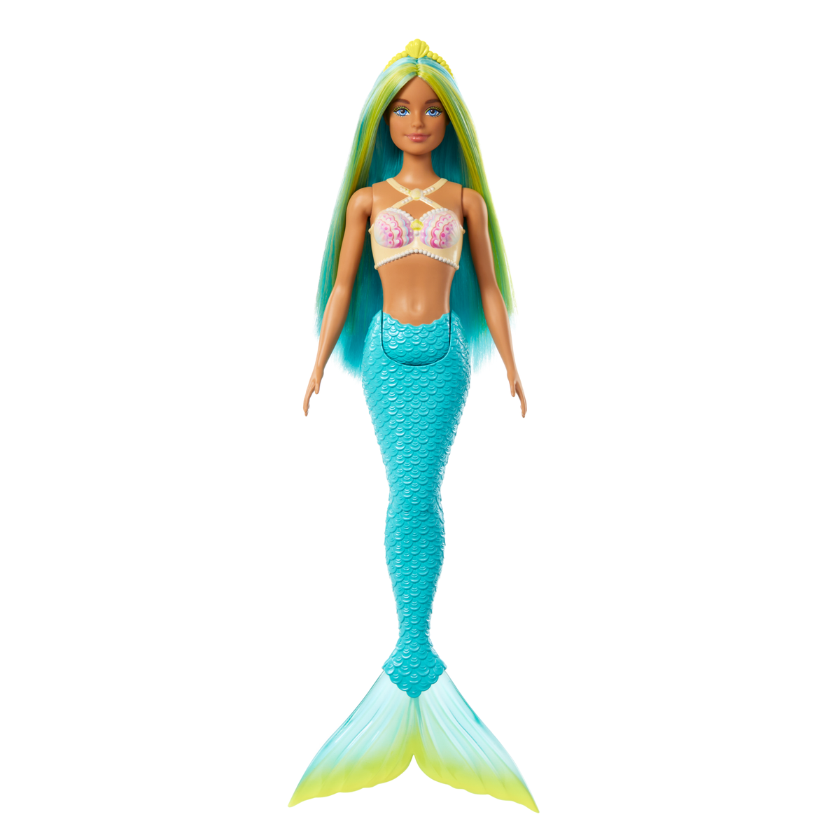 Barbie mermaid doll with blue and yellow hair and turquoise tail