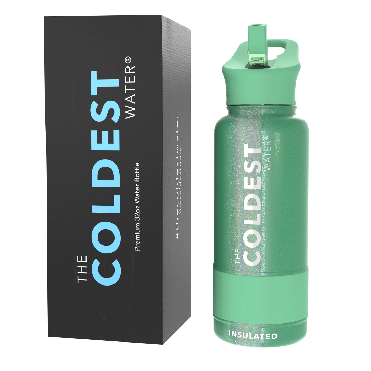 The Coldest Water - Straw Sports Bottle - 946ml - 32 OZ - Green Aurora Glitter