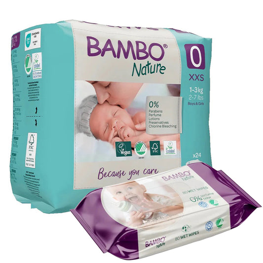 BAMBO Premature Diapers Size 0 (1-3Kg), 24 Count + 80 Wipes Free