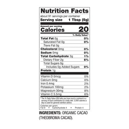 BetterBody Foods Organic Cacao Powder nutrition facts and ingredients