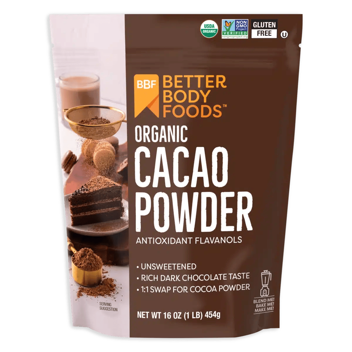 BetterBody Foods Organic Cacao Powder 454g bag front