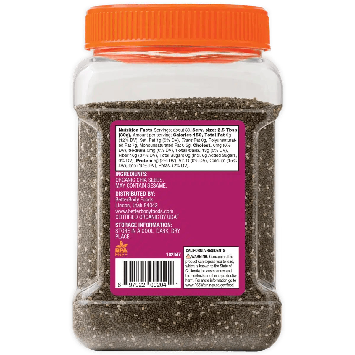 BetterBody Foods Organic Chia Seeds back of pack