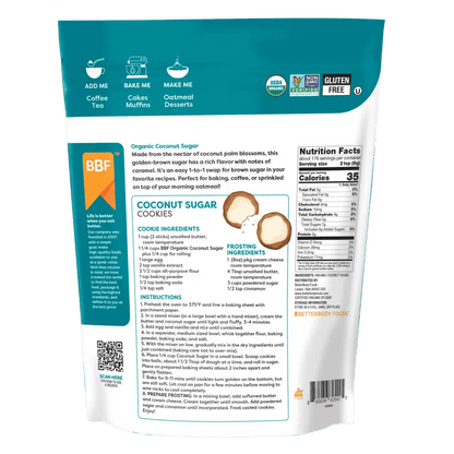 Better Body Foods Organic Coconut Sugar pouch back with nutrition information