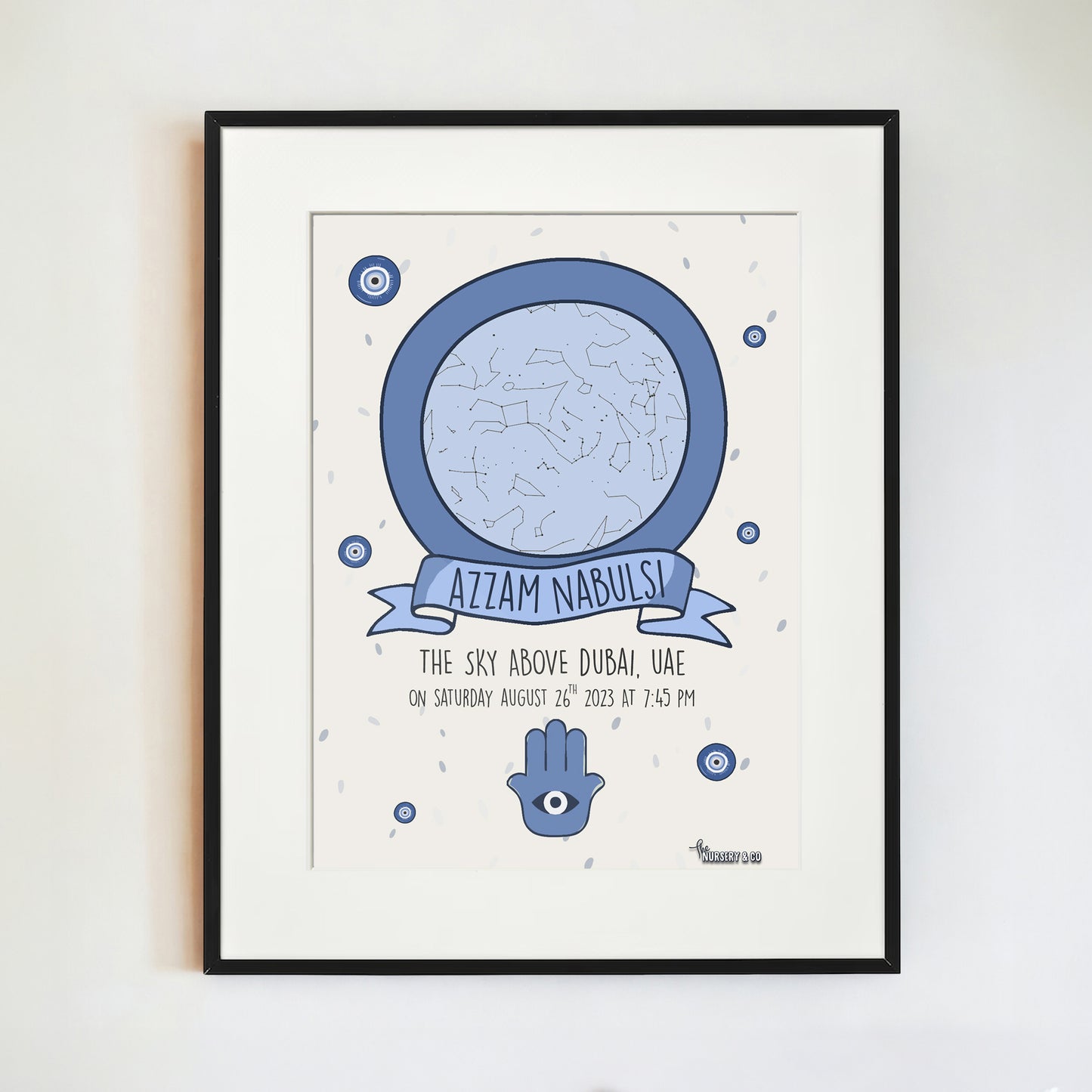 Customized Star Map Frame | Hamsa Palm - Blue