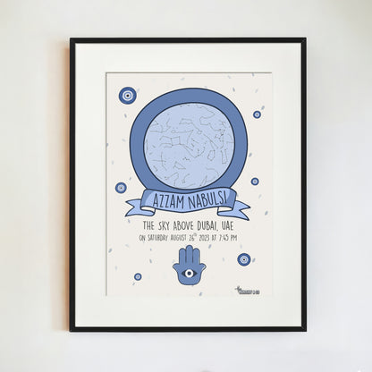 Customized Star Map Frame | Hamsa Palm - Blue