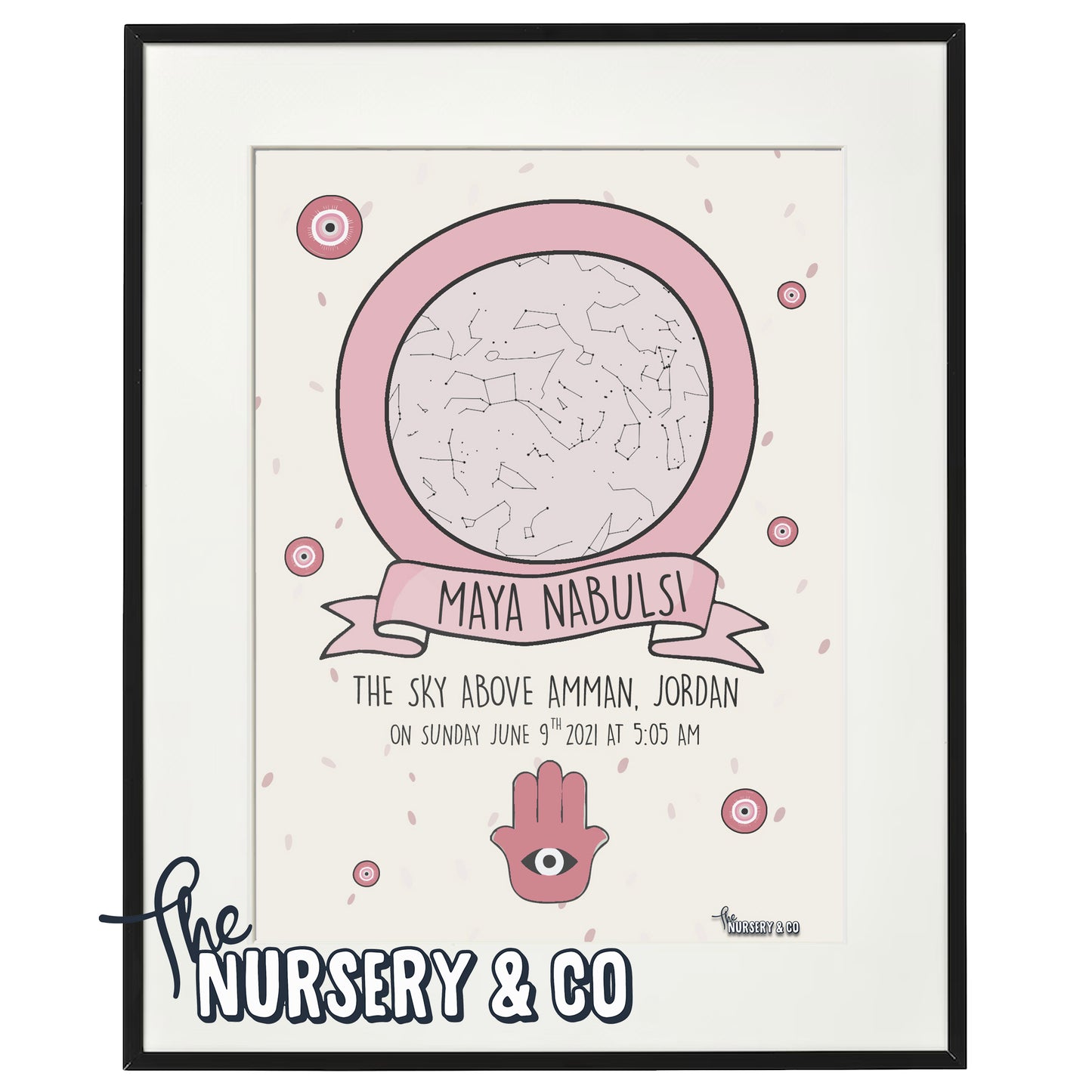 Customized Star Map Frame | Hamsa Palm - Pink
