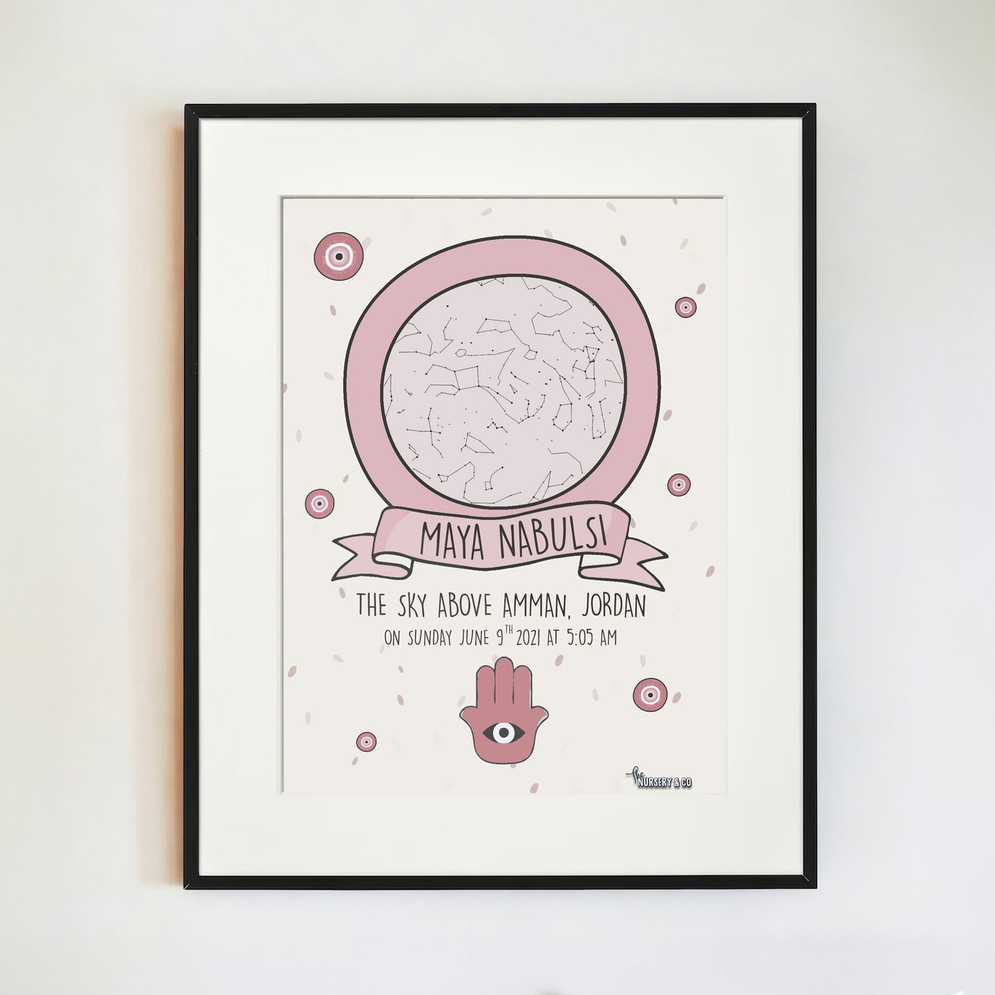Customized Star Map Frame | Hamsa Palm - Pink