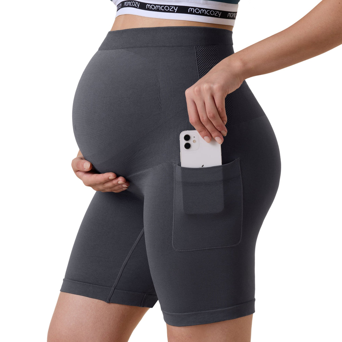 Momcozy Seamless Knit Maternity Biker Shorts with Pocket | Blue | Medium