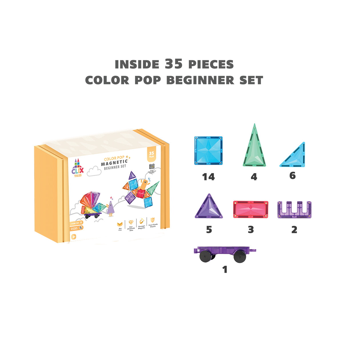 Clix-Tiles - Color Pop Beginner Set | Magnetic Tiles | 35 pcs
