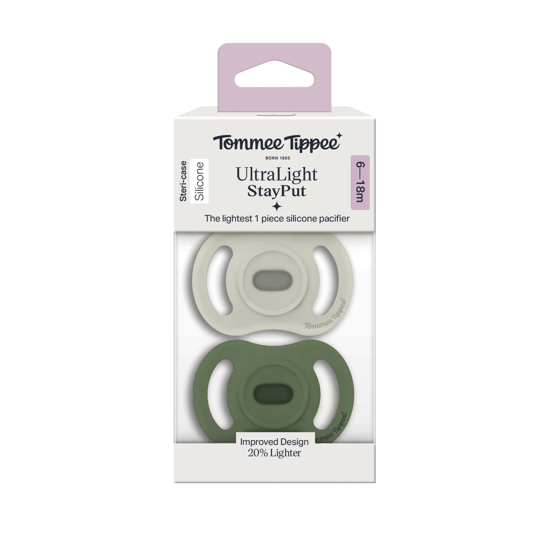 Tommee Tippee - Baby Ultralight StayPut Silicone Pacifier | Green & Grey | 6-18m | 2 Pack Tommee Tippee - Baby Ultralight StayPut Silicone Pacifier | Green & Grey | 6-18m | 2 Pack