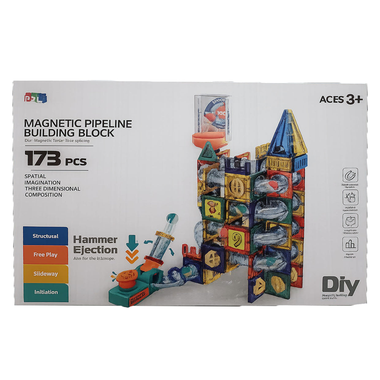 PLZ - Marble Run Magnetic Tiles With Hammer Ejection | 173pcs