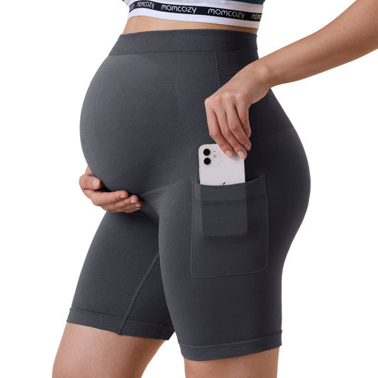 Momcozy - Seamless Knit Maternity Biker Shorts with Pocket | Blue | Large
