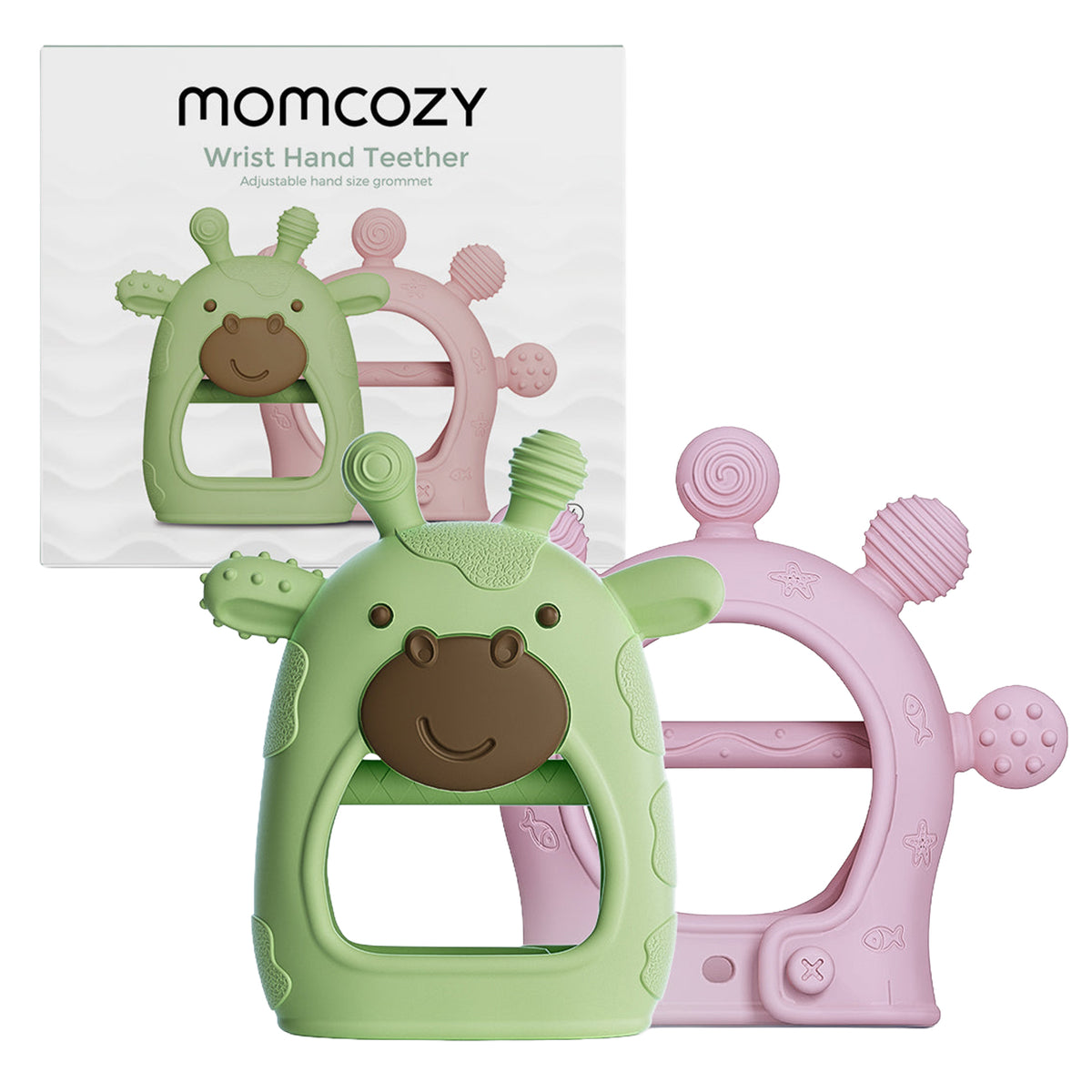مومكوزي - قفازات التسنين | قطعتان | زرافة خضراء وغواص وردي