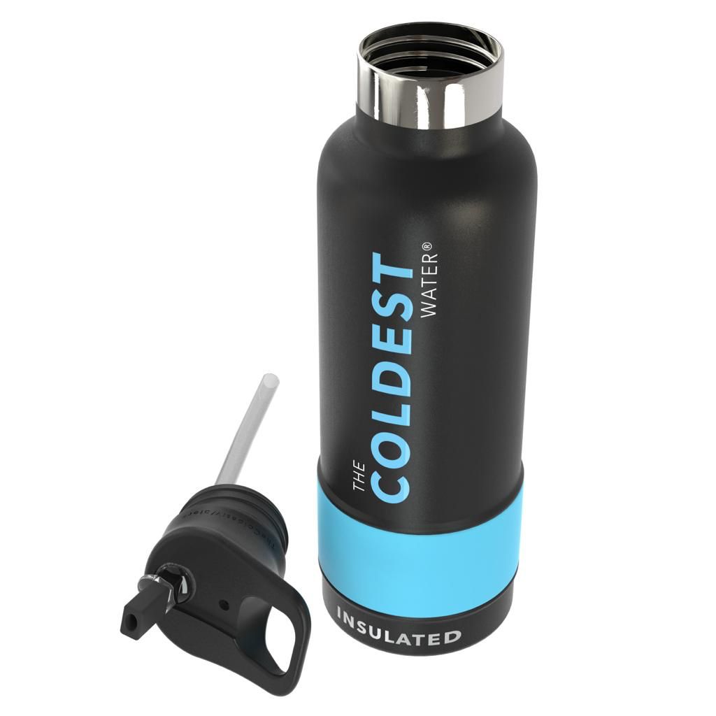 The Coldest Water - Straw Sports Bottle - 595ml - 21 OZ - Matte Black & Blue