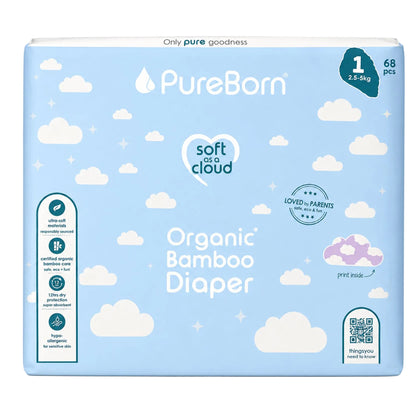 PureBorn Organic Bamboo Diaper pack, size 1 for babies weighing 2.6-5kg, containing 68 pieces.