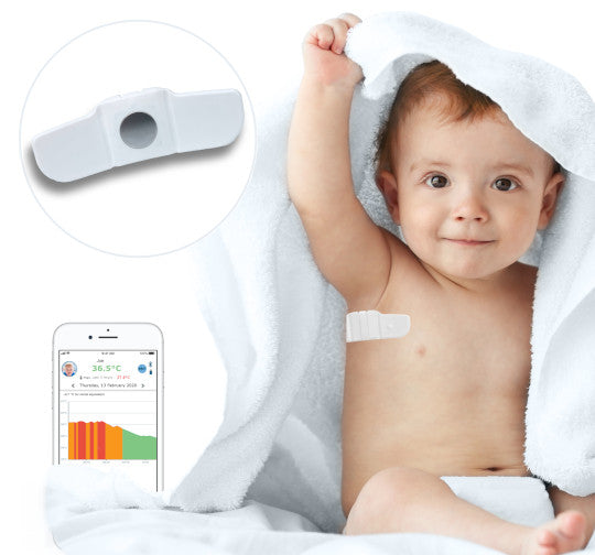 Tucky thermometer on baby with app on phone