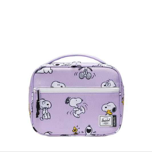 Herschel Peanuts Pop Quiz Lunch Box Snoopy and Woodstock Pastel Lilac - front
