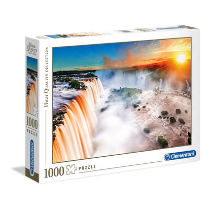 Clementoni Waterfall 1000 piece jigsaw puzzle box, wide waterfall at sunset