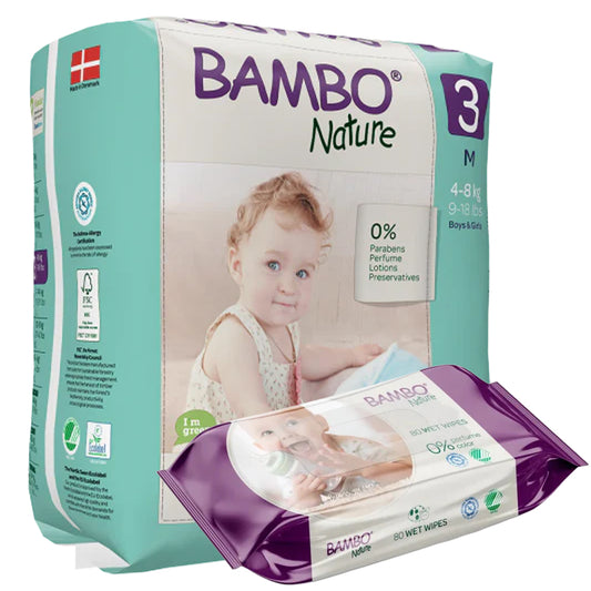 BAMBO Diapers Size 3 (4-8 kg), 28 Count + 80 Wipes Free