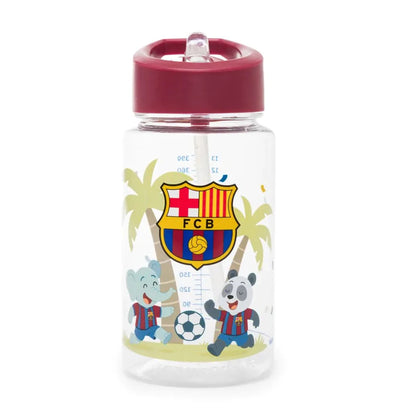 Children's water bottle with FC Barcelona logo and cartoon characters on a white background