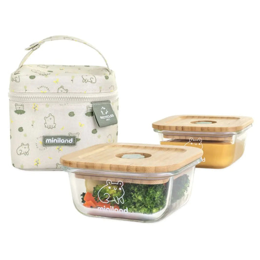 Miniland - Glass Food Containers With Bag | Frog | 210ml | 2 Pack