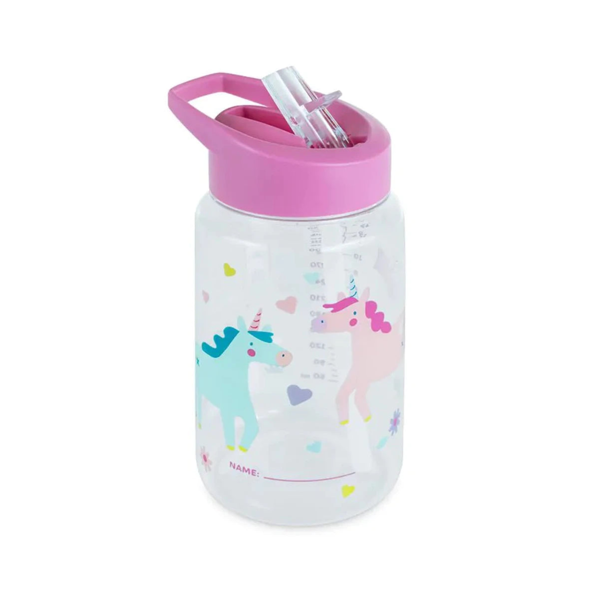 Clear water bottle with pink lid and unicorn design on a white background