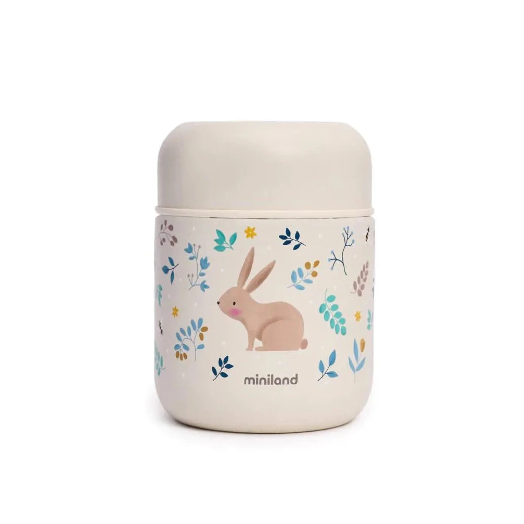 Children's food jar with rabbit design and 'miniland' branding on a white background