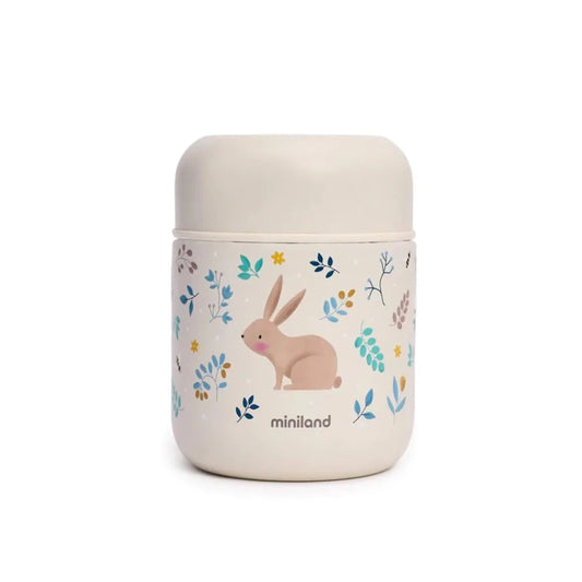Children's food jar with rabbit design and 'miniland' branding on a white background