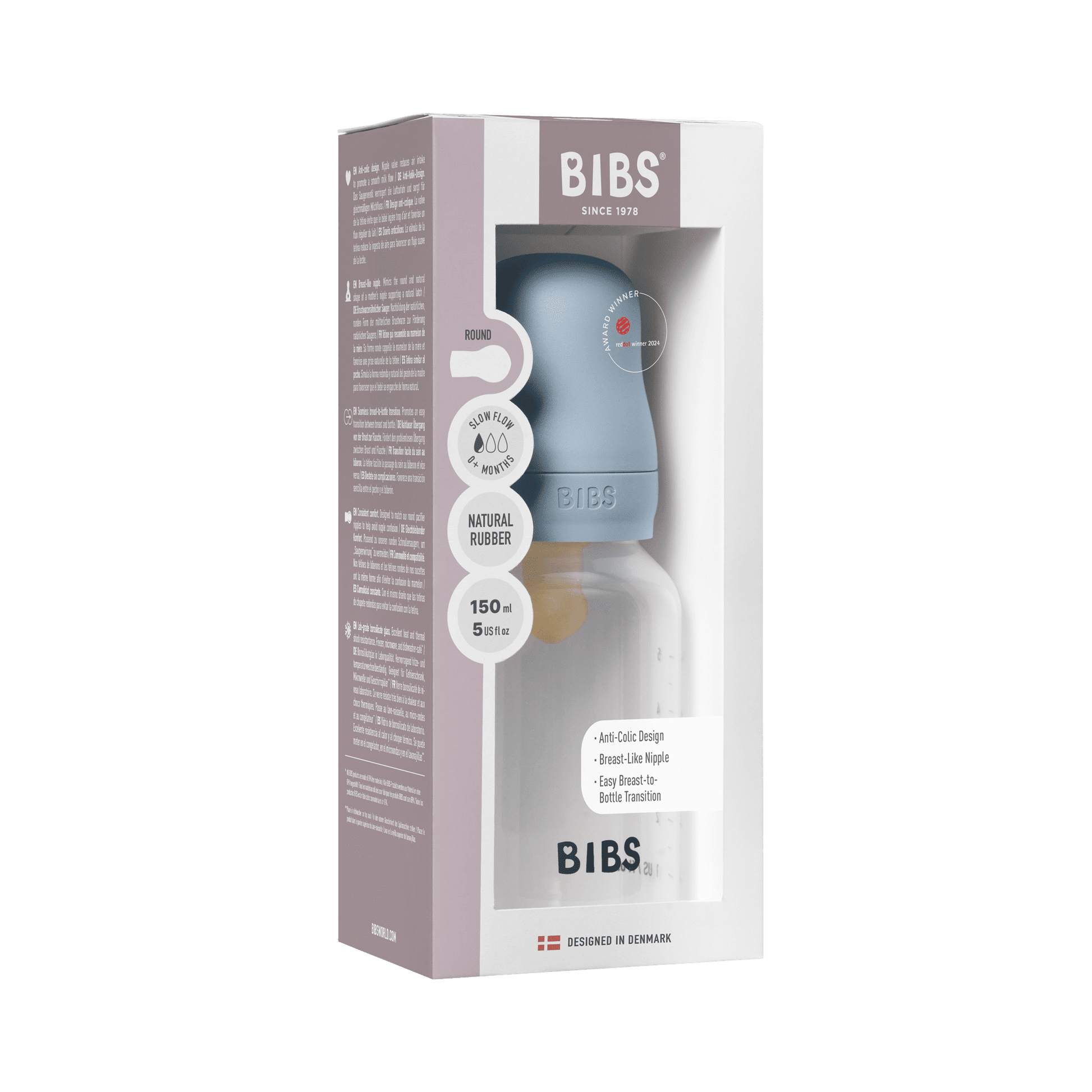 BIBS - زجاجة رضاعة للأطفال من البولي بروبيلين مضادة للمغص | 150 مل | تدفق بطيء | أزرق فاتح
