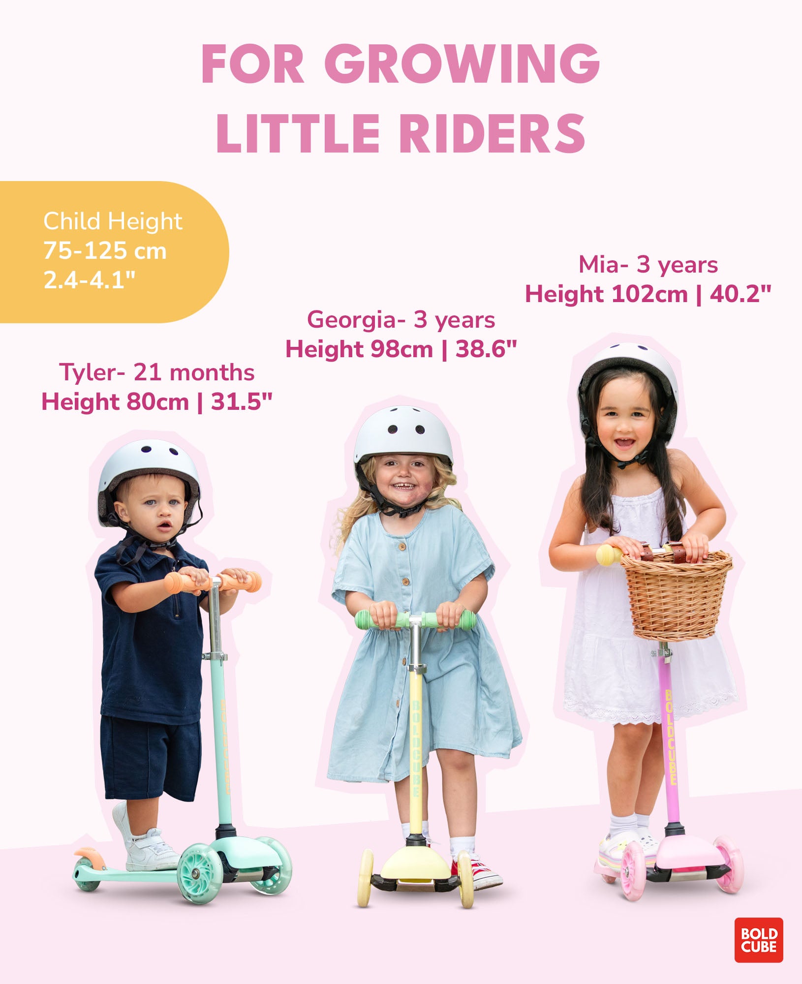 Bold Cube - Teeny Fold Three Wheel Scooter | Pink | 3-6 Years Bold Cube - Teeny Fold Three Wheel Scooter | Pink | 3-6 Years