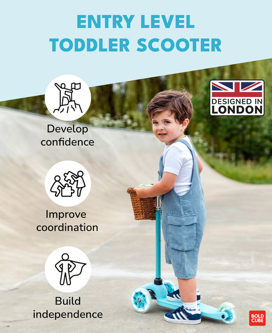 Bold Cube Teeny Fold three wheel scooter in blue — BambiniJO Jordan