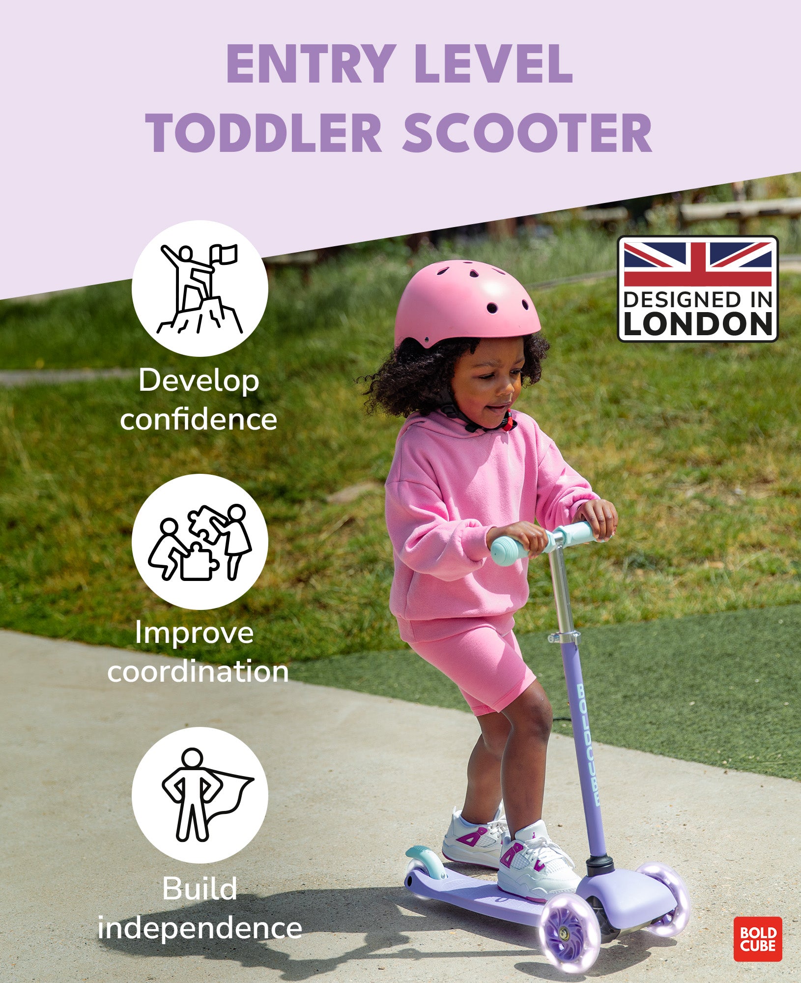 Bold Cube - Teeny Fold Three Wheel Scooter | Lilac | 3-6 Years Bold Cube - Teeny Fold Three Wheel Scooter | Lilac | 3-6 Years