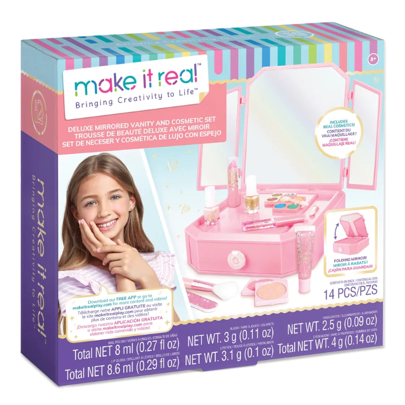 Make It Real - طاولة زينة فاخرة مع مرآة ومجموعة مستحضرات تجميل - 14 قطعة | 8 سنوات فما فوق Make It Real - طاولة زينة فاخرة مع مرآة ومجموعة مستحضرات تجميل - 14 قطعة | 8 سنوات فما فوق