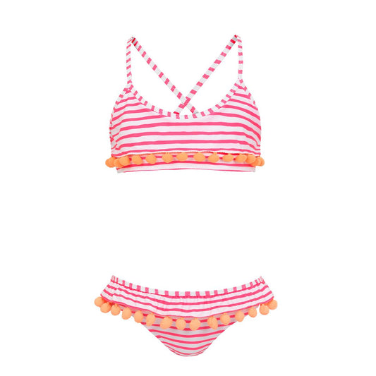Sunuva - Girls Pink Stripe Pom Pom Frill Bikini