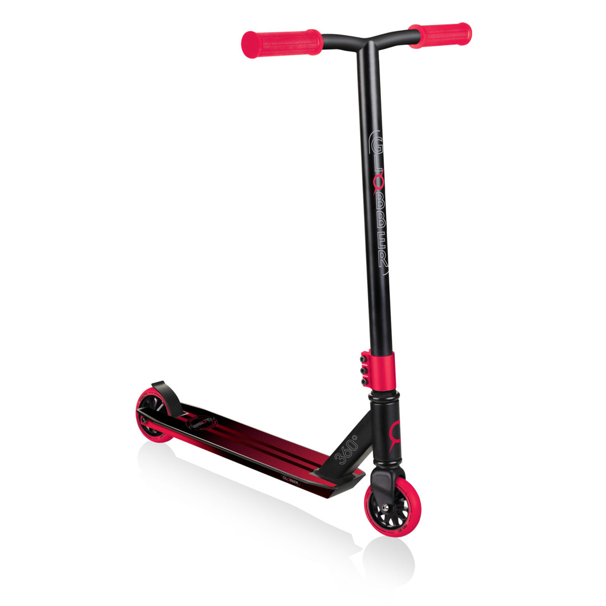 Globber GS 360 stunt scooter in black and red, side view