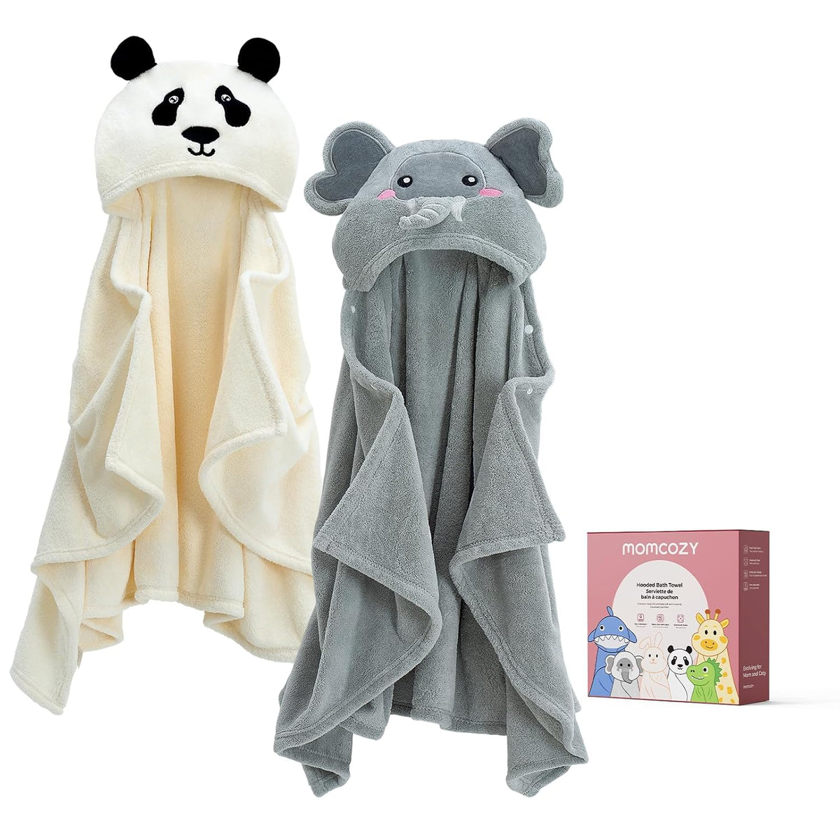 Momcozy Coral Fleece Bath Towels | Double Pack | Elephant & Crocodile
