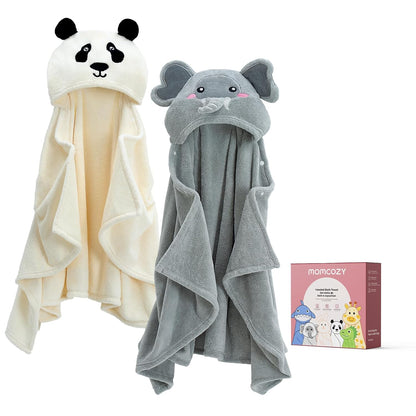 Momcozy Coral Fleece Bath Towels | Double Pack | Elephant & Crocodile