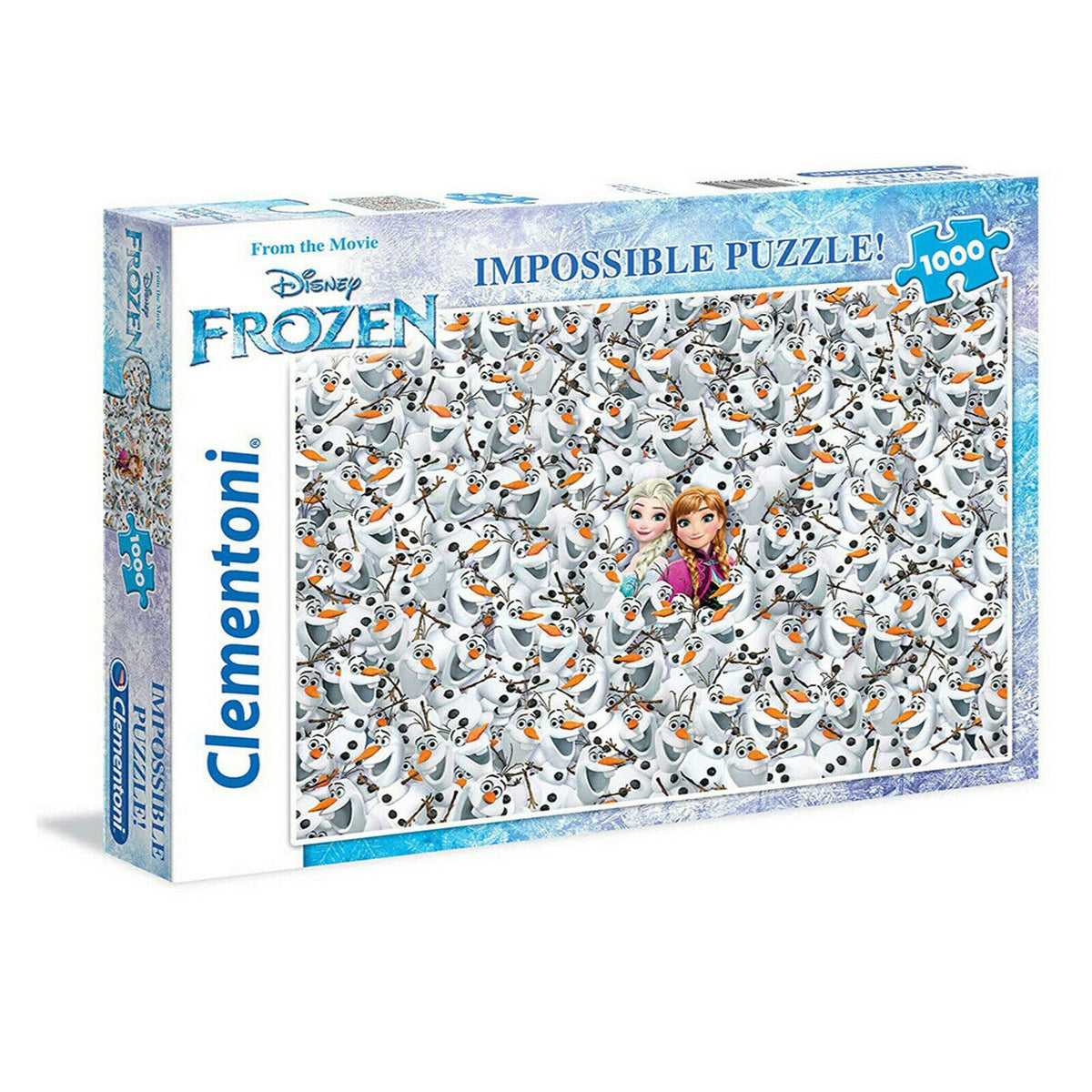 Clementoni Disney Frozen Impossible 1000 piece jigsaw puzzle box with repeating Olaf artwork