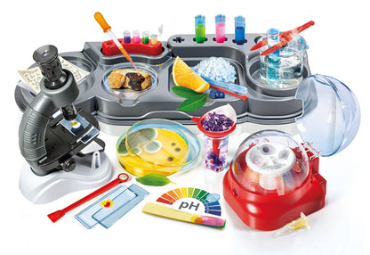 Clementoni Science in the Laboratory worktop in use with microscope, petri dishes and centrifuge