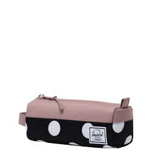 Herschel Settlement Pencil Case in Polka Dot Black and White/Ash Rose - detail view — BambiniJO Jordan