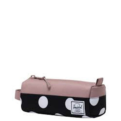Herschel Settlement Pencil Case in Polka Dot Black and White/Ash Rose - detail view