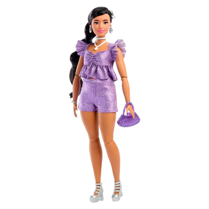 Barbie Deluxe Style fashion doll in metallic purple top and sparkly shorts