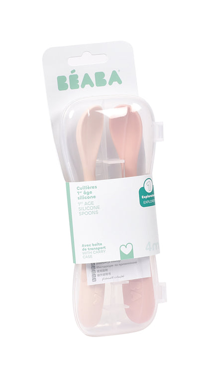 Beaba - 1st Age Silicone Spoons + Case | Cotton Candy | Set of 2 | 4m+