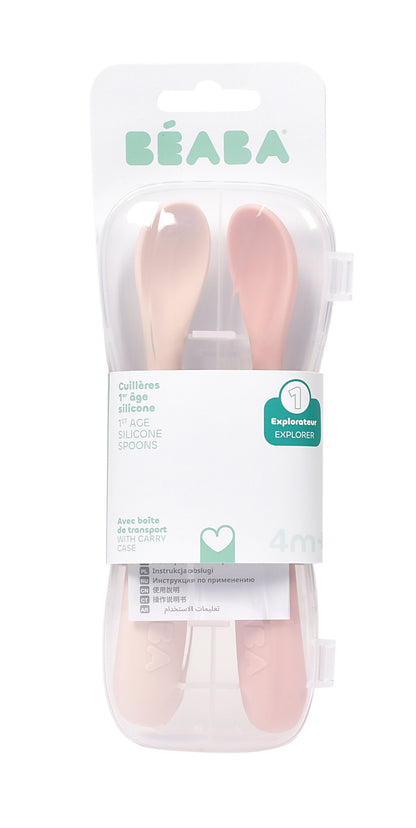 Beaba - 1st Age Silicone Spoons + Case | Cotton Candy | Set of 2 | 4m+